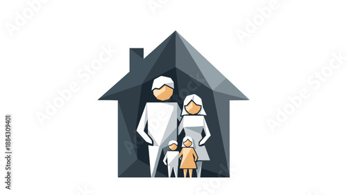 Geometric family in front of home symbolizing unity and security