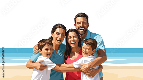 Joyful family embracing on sunny beach in geometric style