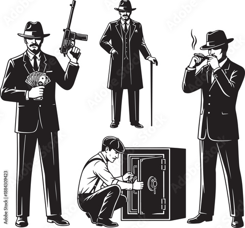Vintage Gangster Heist Vector Illustration with Money, Guns, and Safe Robbery