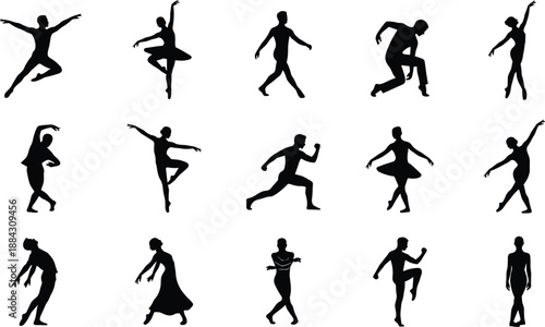 Dancing people silhouette collection, modern dance and movement poses, men and women performing dynamic motion vector illustration set