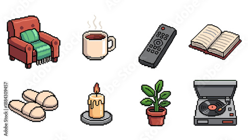 Cozy home elements in retro pixel art style for nostalgic interiors