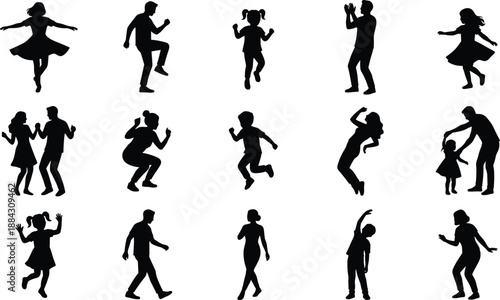 Dancing people silhouettes set, men women and children moving, jumping and celebrating, active lifestyle, fun motion illustration, collection isolated black