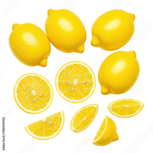 Wallpaper Mural Six vibrant yellow lemons (whole, sliced, wedges) against a transparent background with copy space and soft diffused lighting, promoting healthy eating concept Torontodigital.ca