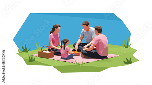 Family picnic in low poly art style on a sunny day in the park