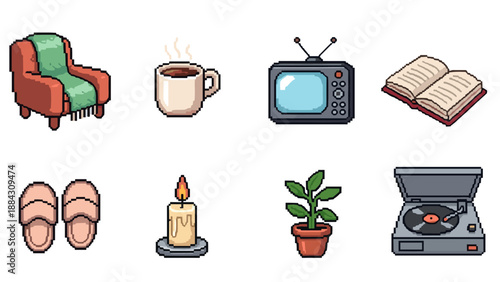 Cozy pixel art icons featuring vintage tv and record player
