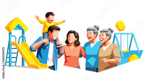 Family fun at playground with multigenerational bonding in flat design