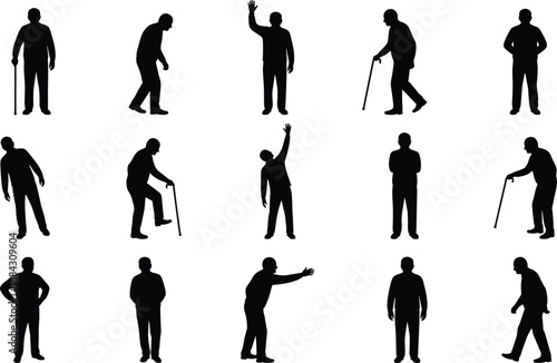 Elderly men silhouettes set, senior male walking standing greeting with cane, aging people poses, black human figures illustration