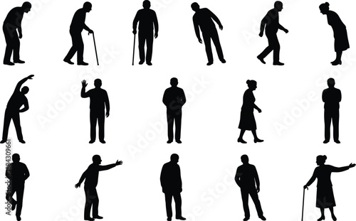 Elderly people silhouette set, senior men and women walking, standing, gesturing, old age activities, retirement lifestyle vector illustration