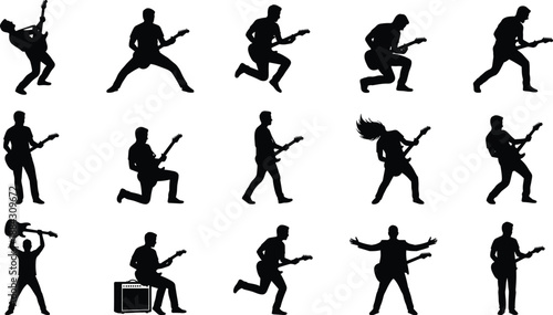 Electric guitar player silhouettes set showing rock musician performance poses, live concert energy illustration for music, band, stage design