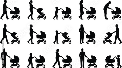 Family stroller silhouettes set, parents and child pushing baby carriage, motherhood and fatherhood concept, parenting, childcare illustration