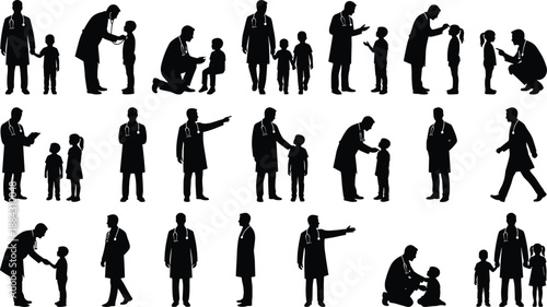 Father with children silhouette set, parenting family interaction scenes, dad teaching guiding playing walking, black isolated figures vector collection