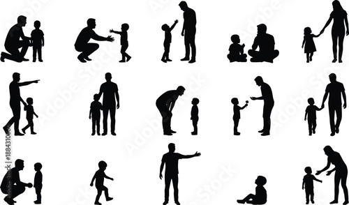 Father and child silhouette collection, dad playing teaching walking holding hands with kids, parenting bonding moments, family lifestyle illustration vector
