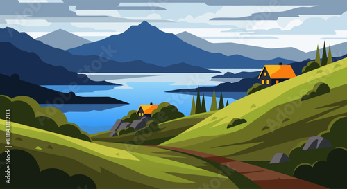 Serene mountain landscape illustration with a lake and houses nestled in rolling green hills