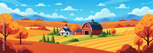 Autumn landscape with a barn and fields, vibrant fall colors, rolling hills, and a clear sky