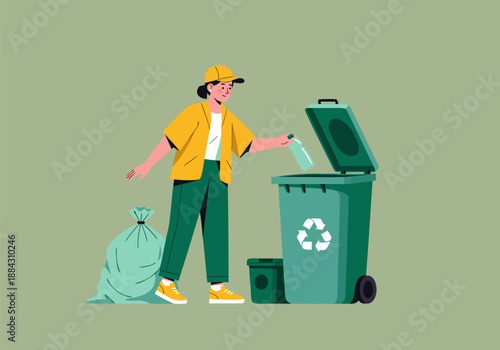 Illustration of a person recycling plastic bottles into a recycling bin with a green trash bag nearby