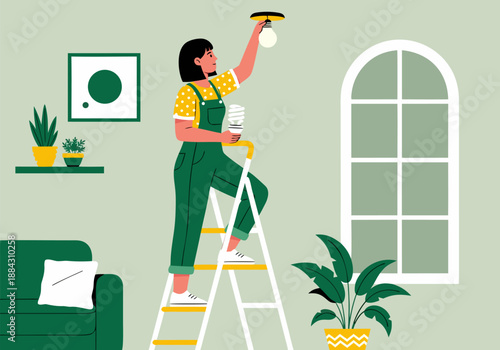 woman changing light bulb on a ladder in a modern apartment room with plants and window