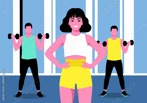 Group Fitness Class with Dumbbells, Led by a Cheerful Female Instructor, Promoting Healthy Lifestyles and Exercise