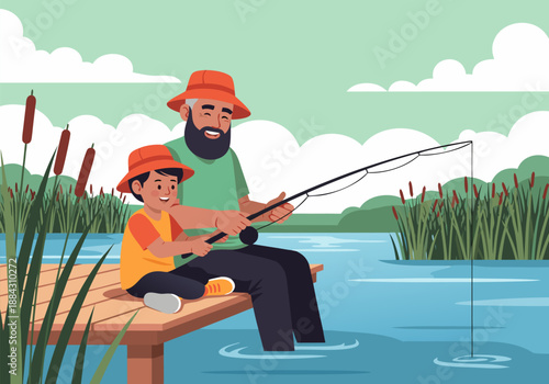 A grandfather and grandson bonding over a peaceful fishing trip on a wooden dock