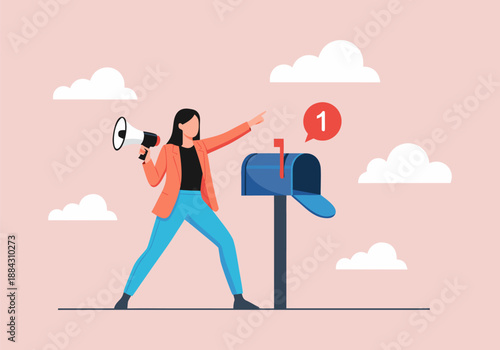 Woman with Megaphone Announcing to Mailbox with Notification
