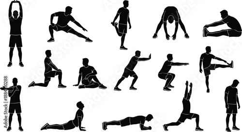 Fitness stretching exercise silhouettes set, warm up workout poses, athletic training flexibility movements illustration for gym health lifestyle design background