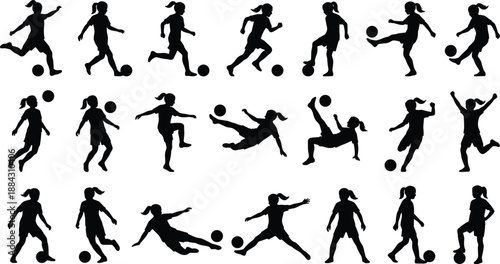Girl soccer player silhouette set, female football actions running kicking dribbling jumping, sport activity concept, black isolated vector figures collection