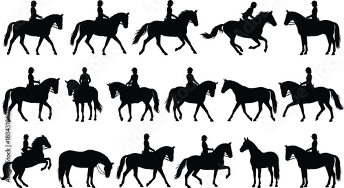 Horse riding silhouettes set with riders, equestrian sports activities, walk trot gallop jump poses illustration for training and competition design