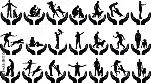 Human dog interaction silhouette set protected by hands symbol, care training rescue adoption concept, black isolated vector collection figures icons