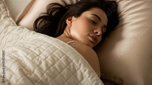 Young Woman Sleeping Peacefully in Comfortable Bed, Cozy Bedroom, Relaxing Morning