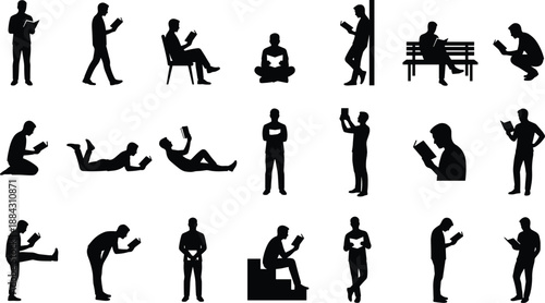 Man reading book silhouette set, people reading standing sitting lying, study education leisure concept, black isolated vector figures collection