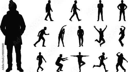 Male human silhouettes set showing walking running jumping standing poses, casual lifestyle motion illustration for people, fitness, animation design