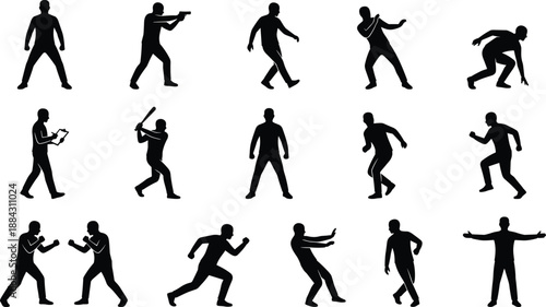 Men action silhouettes collection, dynamic male poses running fighting aiming gestures, human movement set, black shadow figures illustration
