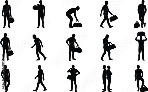 Men carrying travel bags silhouettes set, male people walking standing lifting luggage, black human figures, daily activities illustration