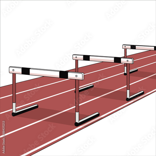 empty hurdles positioned on red running track in bright outdoor stadium setting concept of athletics training, track and field events, sports coaching