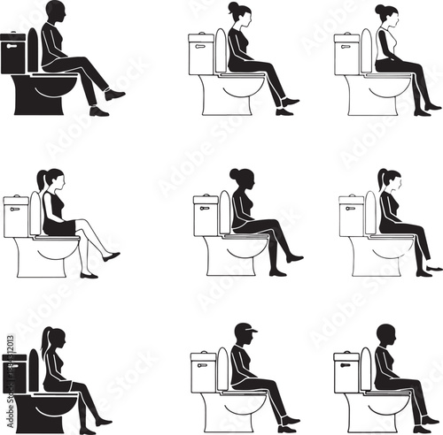 Flat Design Vector Set of People Using Toilets in Minimalist Bathroom Scenes