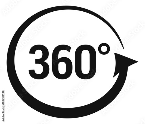 Simple line art illustration of a 360 degree symbol depicting rotation for interactive content and virtual reality