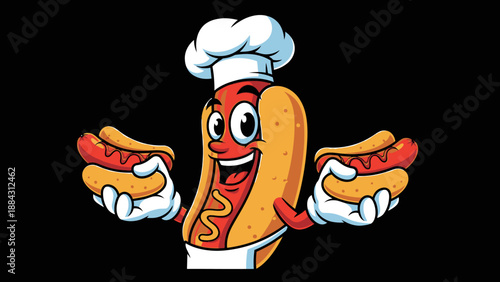 Cartoon hot dog chef character holding two hot dogs.
