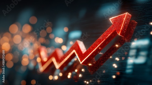 ​ A red upward trending arrow line chart over financial bar graphs against a blurred city nightscape with blue and orange lights, symbolizing economic growth and positive market momentum.