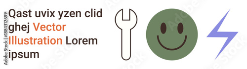 Graphic design, tools, emotions, energy, repair, creativity. Wrench, green happy face and blue lightning bolt alongside placeholder text. Design concepts and tools for creative projects