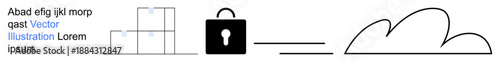 Data security, cloud computing, online storage, cybersecurity, privacy, technology. A lock, cloud and boxes connected by a line. Data security and cloud computing concept