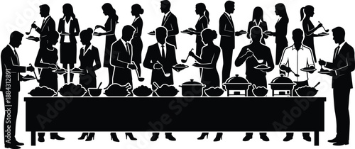 Corporate buffet catering silhouette illustration, business people dining at event reception, formal banquet service, black vector design isolated modern style