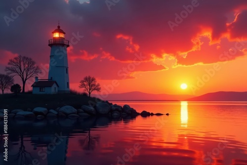 Wallpaper Mural Solitary lighthouse silhouetted against fiery sunset over Lake Neusiedl , clouds, beam Torontodigital.ca