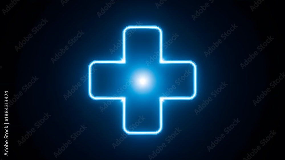 Fototapeta premium Blue neon medical cross symbol glowing brightly against dark black background representing healthcare services pharmacy hospital and emergency first aid care