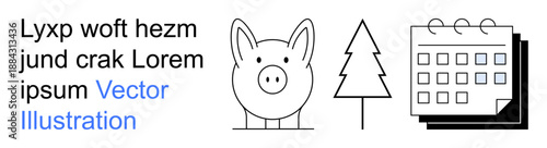 Financial planning, sustainability, event organization, deadlines, eco-consciousness, budgeting. Minimalist piggy bank, tree and calendar icons. Financial planning and sustainability concept