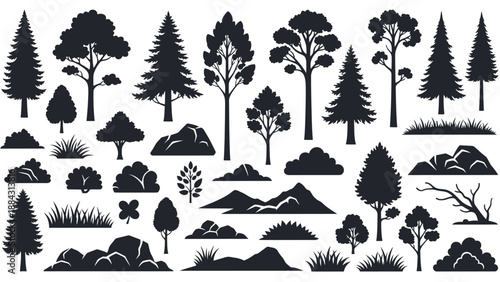 Collection of Black Silhouettes of Trees and Rocks.