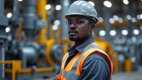 An engineer in a hard hat and safety vest stands against the backdrop of industrial machinery. AI-generated.