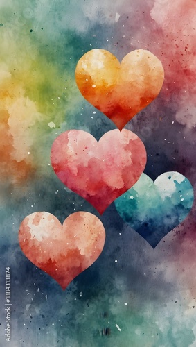 Dreamy Abstract Watercolor Hearts. Romantic Valentine’s Day Greeting Card Background