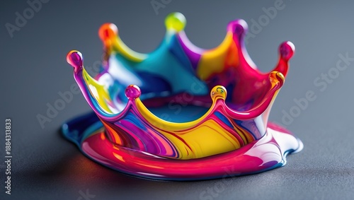 A vibrant crown, as if made from spilled paint, with a glossy surface and rainbow hues. AI-generated.