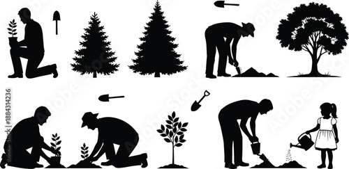 Tree planting silhouettes showing gardeners planting saplings, watering plants, digging soil, forestry growth stages, black isolated vector illustration set collection