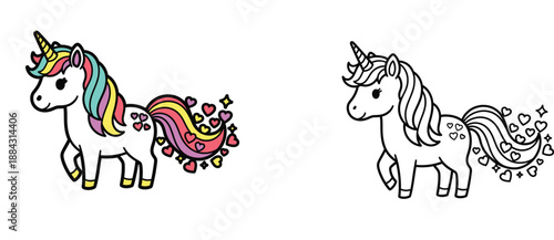 Cute cartoon unicorn with rainbow mane and hearts including black and white line art version for coloring book magic fantasy character vector illustration for kids and Valentine's Day