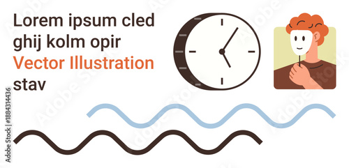 Identity management, time organization, abstract design, creativity, philosophical exploration, graphic layouts. A clock, mask and abstract lines. Identity management and time organization concepts